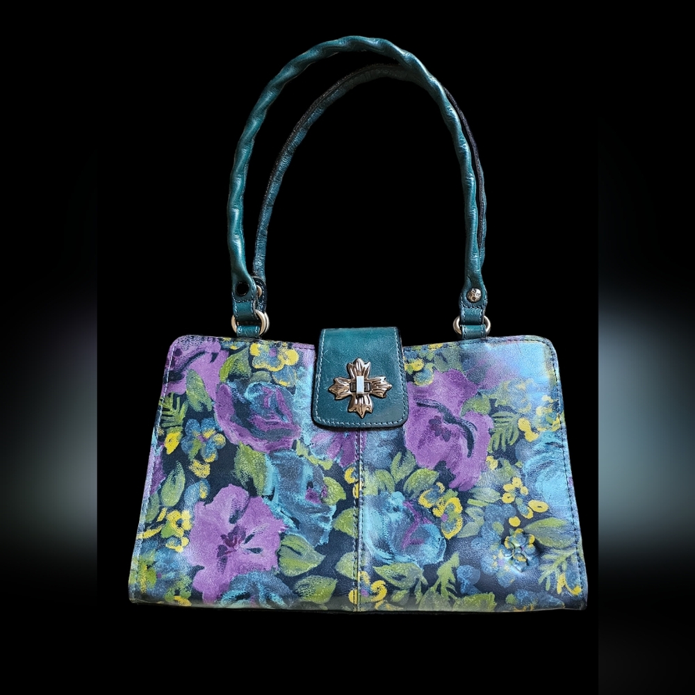 Patricia Nash Teal Floral Leather Tote Bag with Purple & Yellow Accents